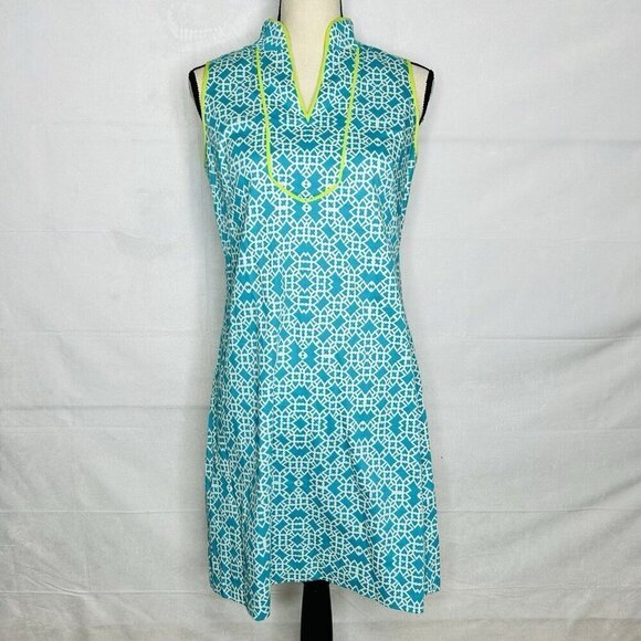 Vince Camuto Aqua Blue Sleeveless V-Neck Shift Dress Women’s Size 4 Geometric - Picture 1 of 9